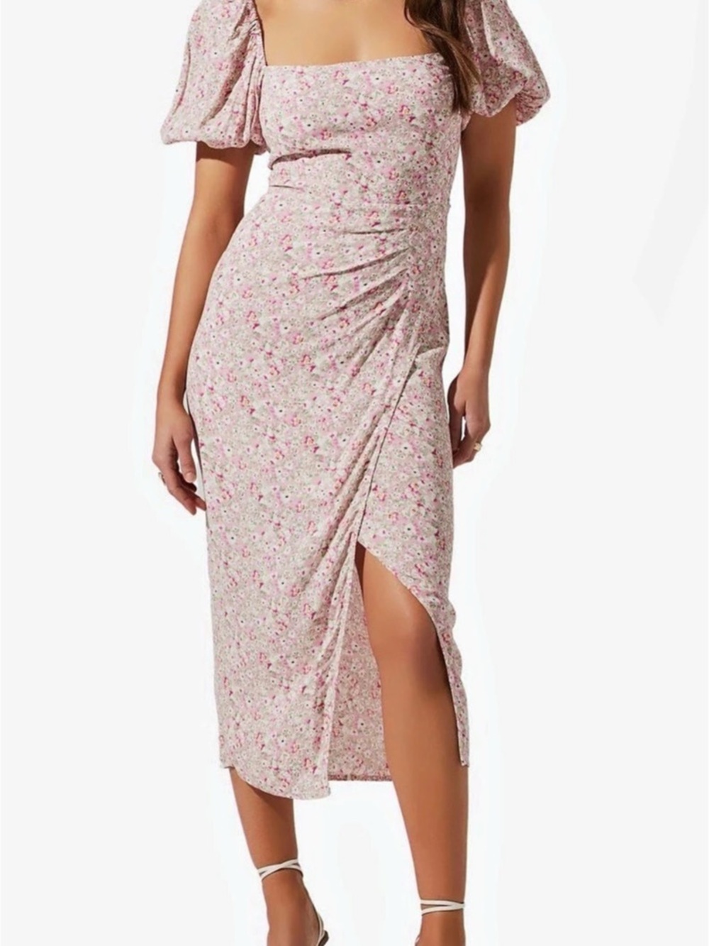 ASTR the Label Puff Sleeve Front Slit Midi Dress Pink & White Large